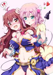 Rule 34 | !?, 2girls, absurdres, ahoge, belt, between breasts, blue eyes, blush, bow, bowtie, breast awe, grabbing another&#039;s breast, breasts, cardigan, chiyoda momo, commentary request, curled horns, demon girl, demon horns, demon tail, detached sleeves, eggman (pixiv28975023), expressive tail, fang, grabbing, hair ornament, hairclip, heart, highres, horns, large breasts, lilith (machikado mazoku), long hair, long sleeves, machikado mazoku, multiple girls, navel, open mouth, pink hair, plaid, plaid skirt, purple skirt, red bow, red eyes, red hair, red neckwear, school uniform, short hair, simple background, skirt, spoken interrobang, statue, tail, thighhighs, white legwear, yellow cardigan, yoshida yuuko (machikado mazoku), yuri, zettai ryouiki