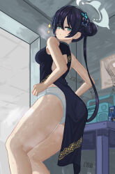 Rule 34 | 1girl, absurdres, ass, black dress, black hair, blue archive, blue eyes, blush, breasts, butterfly hair ornament, china dress, chinese clothes, dress, english text, hair ornament, highres, kisaki (blue archive), looking at viewer, looking back, lyib, medium breasts, panties, solo, sweat, thighs, twintails, underwear, white panties
