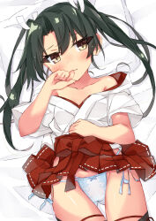 Rule 34 | 1girl, bed sheet, beritabo, blue panties, blush, bow, bow panties, breasts, closed mouth, collarbone, commentary request, cowboy shot, gluteal fold, green hair, groin, hair ribbon, hakama, hakama skirt, highres, japanese clothes, kantai collection, long hair, looking at viewer, lying, on back, panties, pillow, red hakama, ribbon, side-tie panties, skirt, small breasts, solo, twintails, underwear, white ribbon, yellow eyes, zuikaku (kancolle)