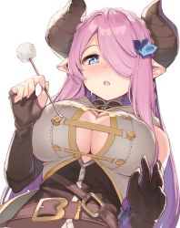 Rule 34 | 1girl, :o, asymmetrical gloves, bare shoulders, belt, black gloves, blue eyes, blush, braid, breasts, cleavage, cleavage cutout, clothing cutout, crown braid, draph, elbow gloves, fang, fingerless gloves, gloves, granblue fantasy, hair ornament, hair over one eye, hairclip, highres, horns, kanzarin, large breasts, long hair, looking at viewer, mimikaki, narmaya (granblue fantasy), pointy ears, purple hair, simple background, single fingerless glove, skin fang, solo, uneven gloves, white background