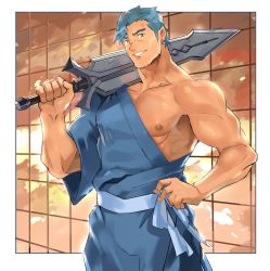 Rule 34 | 1boy, bara, bare pectorals, bercouli (sao), blue eyes, blue hair, blue kimono, collarbone, dark skin, dark-skinned male, facial hair, feet out of frame, hadanugi dousa, hand on own hip, highres, japanese clothes, kimono, large pectorals, male focus, mature male, muscular, muscular male, open clothes, open kimono, over shoulder, pectorals, short hair, sideburns, single bare shoulder, smile, solo, stubble, sword, sword art online, sword over shoulder, tofu (tofulabo), weapon, weapon over shoulder