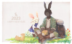Rule 34 | 1boy, 1other, 2023, :3, androgynous, animal, animal ears, animal on lap, backpack, bag, belt, black choker, black gloves, blue dress, blue eyes, blue scarf, boots, border, brown background, brown footwear, brown gloves, chinese zodiac, choker, collarbone, daisy, dark-skinned male, dark skin, dress, erenville, final fantasy, final fantasy xiv, flower, full body, gloves, grass, green jacket, green pants, happy new year, holding, holding animal, indian style, jacket, knee boots, looking down, loporrit, male focus, new year, omori hakumai, on grass, on lap, open mouth, outdoors, outside border, pants, rabbit, rabbit ears, rabbit tail, red flower, scarf, shirt, shoes, unworn shoes, short hair, sitting, smile, sparkle, standing, tail, turban, viera, whiskers, white border, white headwear, white shirt, year of the rabbit, yellow eyes