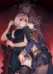 Rule 34 | 2girls, alter ego conjurer (granblue fantasy), animal ears, black dress, black hair, breasts, commentary request, cowboy shot, dark background, djeeta (granblue fantasy), dress, erune, granblue fantasy, grey hair, hand on another&#039;s neck, hug, hug from behind, lace thighhighs, large breasts, long hair, long sleeves, looking at viewer, looking down, multiple girls, nazo kitsune, nier (granblue fantasy), parted lips, red eyes, short hair, sword, thighhighs, weapon
