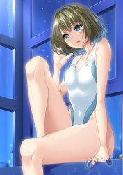 Rule 34 | 10s, 1girl, ame isshiki, blue eyes, breasts, brown hair, competition swimsuit, covered navel, green eyes, heterochromia, highres, idolmaster, idolmaster cinderella girls, looking down, mole, mole under eye, one-piece swimsuit, parted lips, short hair, sitting, small breasts, solo, unworn swim cap, swimsuit, takagaki kaede, white one-piece swimsuit, window