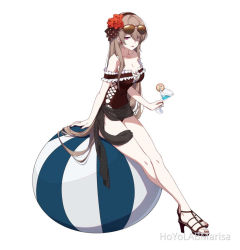 Rule 34 | 1girl, alcohol, ball, bare shoulders, beachball, breasts, brown hair, brown nails, brown one-piece swimsuit, champagne, cleavage, closed mouth, crossed legs, cup, drinking glass, earrings, eyewear on head, flower, food, frilled swimsuit, frills, fruit, full body, hair flower, hair ornament, hair over one eye, headband, holding, holding cup, honkai (series), honkai impact 3rd, jewelry, lipstick, long hair, looking at viewer, makeup, nail polish, one-piece swimsuit, orange (fruit), purple eyes, red flower, rita rossweisse, sandals, simple background, sitting, smile, solo, sunglasses, swimsuit, sylvia (huajiuhuajiu), white background, wine glass