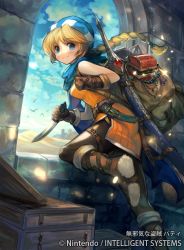 Rule 34 | 1girl, belt, blonde hair, blue eyes, boots, braid, copyright name, dagger, elbow gloves, fire emblem, fire emblem: genealogy of the holy war, fire emblem cipher, gloves, hat, holding, holding weapon, jewelry, kawasumi (japonica), knife, long hair, looking at viewer, nintendo, official art, open mouth, patty (fire emblem), scarf, smile, sword, weapon
