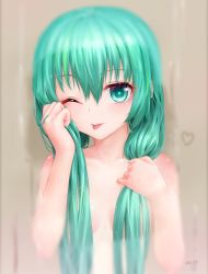 Rule 34 | 1girl, ;p, aki99, aqua eyes, aqua hair, artist name, breasts, hair down, hatsune miku, highres, long hair, looking at viewer, mirror, nude, one eye closed, revision, small breasts, smile, solo, steam, tongue, tongue out, upper body, vocaloid, water, wet