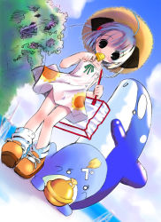 Rule 34 | 00s, 1girl, bag, bird, blue hair, child, day, dress, dutch angle, eating, food, hat, lunch box (manga), outdoors, panties, park, penguin, petite, pop, popsicle, see-through, short hair, sky, solo, straw hat, sundress, thigh gap, underwear, whale
