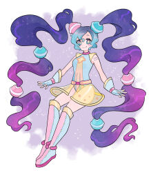 +_+ 1girl absurdres blue_eyes blue_hair boots doodlelotl fingerless_gloves floating_hair glitter gloves hatsune_miku highres leotard long_sleeves looking_at_viewer purple_hair see-through_clothes see-through_skirt skirt sleeveless_leotard smile solo space star-shaped_pupils star_(symbol) symbol-shaped_pupils thigh_boots twintails vocaloid