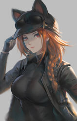 Rule 34 | absurdres, animal ears, arknights, ash (rainbow six siege), ash (ranger) (rainbow six siege), black gloves, black headwear, black jacket, black sweater, braid, breasts, cat ears, closed mouth, eyewear on head, fake animal ears, fingerless gloves, gloves, hair over shoulder, hand on headwear, hand up, highres, jacket, jiam009, large breasts, long hair, long sleeves, official alternate costume, open clothes, open jacket, orange hair, pink lips, rainbow six siege, red eyes, single braid, smile, solo, sunglasses, sweater