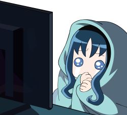 Rule 34 | 10s, absurdres, blanket, blue hair, computer, covering own mouth, covering privates, heartcatch precure!, highres, kurumi erika, monitor, precure, tears