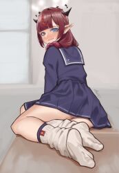 Rule 34 | 1girl, absurdres, aiharararara, blue eyes, blue sailor collar, blue shirt, blue skirt, blunt bangs, blush, braid, closed mouth, eyelashes, feet, foreshortening, from behind, full body, grey background, hair over shoulder, halo, heterochromia, highres, hololive, hololive english, horns, indoors, irys (gaming casual) (hololive), irys (hololive), legs, long hair, long sleeves, looking at viewer, looking back, loose socks, multicolored hair, no shoes, official alternate costume, on ground, pleated skirt, pointy ears, purple hair, red hair, sailor collar, school uniform, serafuku, shirt, sidelocks, signature, sitting, skirt, socks, soles, solo, star halo, streaked hair, symbol-shaped pupils, toes, variant set, virtual youtuber, white socks, yokozuwari