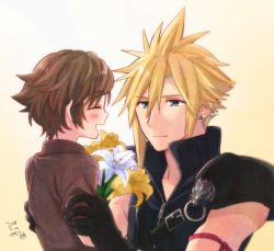 Rule 34 | 2boys, arm ribbon, armor, asymmetrical hair, black gloves, black shirt, blonde hair, blue eyes, bouquet, brown hair, brown shirt, child, closed eyes, cloud strife, denzel (ff7), earrings, final fantasy, final fantasy vii, final fantasy vii advent children, flower, gloves, hands on another&#039;s shoulders, high collar, holding, holding bouquet, jewelry, krudears, multiple boys, open collar, ribbon, shirt, short hair, shoulder armor, single earring, spiked hair, suspenders, upper body, wavy hair, white flower, yellow background, yellow flower