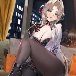 Rule 34 | 1girl, azur lane, black bra, black gloves, black pantyhose, blonde hair, blouse, blue eyes, bra, breasts, check commentary, cleavage, commentary, commentary request, gloves, hand on own chest, headset, kronshtadt (azur lane), kronshtadt (begin the rush!) (azur lane), large breasts, leg lift, long sleeves, looking at viewer, mi35tututu, official alternate costume, open clothes, open mouth, open shirt, pantyhose, shirt, solo, thighs, underwear, white shirt
