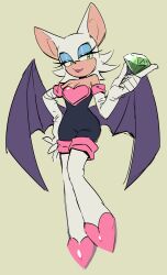 Rule 34 | 1girl, absurdres, animal ears, animal nose, bare shoulders, bat ears, bat girl, bat wings, black bodysuit, blue eyeshadow, bodysuit, boots, breasts, cleavage, closed mouth, elbow gloves, eyelashes, eyeshadow, full body, furry, furry female, gem, gloves, green eyes, green gemstone, half-closed eyes, hand on own hip, hand up, heart, heart print, highres, holding, holding gem, hyeon sonic, lipstick, looking at object, makeup, medium breasts, purple lips, rouge the bat, simple background, smile, solo, sonic (series), standing, white footwear, white fur, white gloves, wings, yellow background