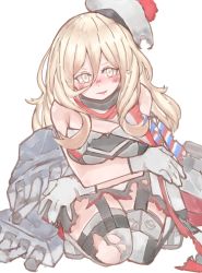 Rule 34 | 10s, 1girl, az toride, beret, blonde hair, blush, cannon, damaged, dress, full body, garter straps, gloves, gun, hat, kantai collection, kneeling, long hair, mole, mole under eye, richelieu (kancolle), scarf, simple background, tearing clothes, tears, thighhighs, torn clothes, weapon, white background, yellow eyes