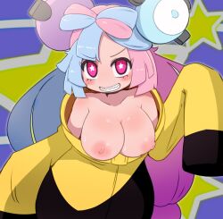 Rule 34 | 1girl, alternate breast size, bare shoulders, black jacket, blue hair, blush, bow-shaped hair, breast focus, breasts, breasts out, character hair ornament, clenched teeth, collarbone, creatures (company), flashing, functionally nude, game freak, gen 1 pokemon, hair ornament, hanging breasts, iono (pokemon), jacket, large breasts, light blue hair, long sleeves, looking at viewer, magnemite, miyazero, multicolored clothes, multicolored hair, multicolored jacket, nintendo, no bra, no shirt, nude filter, oversized clothes, pink eyes, pink hair, pokemon, pokemon sv, presenting, puffy areolae, puffy nipples, revision, sharp teeth, shooting star, showing off, showing off breasts, sleeves past fingers, sleeves past wrists, smile, solo, split-color hair, star (symbol), star in eye, starry background, sweat, symbol in eye, teeth, third-party edit, toothy grin, toothy smile, twintails, two-tone hair, two-tone jacket, unusual pupils, v-shaped eyebrows, yellow jacket