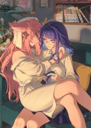 Rule 34 | 2girls, absurdres, animal ears, arm around neck, bathrobe, blush, book, bookshelf, breasts, closed mouth, commentary request, controller, couch, game controller, genshin impact, glasses, highres, holding, holding controller, holding game controller, indoors, insane84699530, large breasts, long hair, multiple girls, on couch, parted lips, picture frame, pink hair, purple hair, raiden shogun, sitting, wet, wet hair, yae miko, yuri