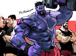 Rule 34 | abs, beard, black hair, braum (league of legends), darius (league of legends), dopey (dopq), dr. mundo, dumbbell, exercising, facial hair, feet out of frame, fingerless gloves, flexing, gloves, graves (league of legends), hand on own hip, large pectorals, league of legends, mr. mundoverse, mr.mundoverse, muscular, muscular male, navel, navel hair, nipples, pectorals, red background, red eyes, scar, short hair, shorts, simple background, smile, spiked hair, tank top, tattoo, teeth, tongue, tongue out, topless male, undercut, weightlifting, white background, wristband