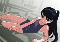 Rule 34 | 1girl, bad id, bad pixiv id, black hair, blue one-piece swimsuit, blue school swimsuit, brown eyes, gradient background, lying, on side, one-piece swimsuit, original, ponytail, rohitsuka, school swimsuit, smile, solo, swimsuit