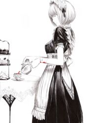 Rule 34 | 1girl, apron, bandages, blood, blunt bangs, bob cut, cake, closed eyes, corset, cup, cupcake, dress, food, fruit, maid, maid apron, maid headdress, monochrome, original, pouring, saucer, short hair, short sleeves, solo, sousou (sousouworks), spot color, strawberry, table, tea, tea cake, tea set, teacup, teapot, tiered tray