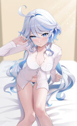 Rule 34 | 1girl, absurdres, ahoge, bed sheet, blue eyes, blue hair, blue nails, breasts, cleavage, furina (genshin impact), genshin impact, hand up, highres, karsa, long hair, looking at viewer, medium breasts, mismatched pupils, multicolored hair, navel, no pants, panties, partially unbuttoned, shirt, sitting, solo, stomach, streaked hair, thighs, two-tone hair, underwear, very long hair, wavy hair, white hair, white shirt