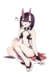 Rule 34 | 1girl, blush, breasts, esu (transc), fate/grand order, fate (series), full body, horns, looking at viewer, oni, open mouth, purple eyes, purple hair, revealing clothes, short hair, shuten douji (fate), simple background, sitting, skin-covered horns, small breasts, solo, white background