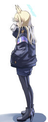 Rule 34 | 1girl, animal ear fluff, animal ears, black gloves, black jacket, black pantyhose, blonde hair, blue archive, blue eyes, blue halo, blue skirt, boots, coffee, coffee mug, cup, drinking, extra ears, full body, gloves, grey footwear, halo, high heel boots, high heels, highres, holding, holding cup, jacket, kanna (blue archive), long hair, long sleeves, mug, namaonpa, pantyhose, simple background, skirt, solo, standing, white background