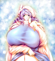 Rule 34 | 1girl, breasts, clothes lift, dress, fat, female focus, gigantic breasts, gradient background, hat, highres, letty whiterock, navel, purple hair, shirt lift, short hair, solo, standing, touhou, tsukasawa takamatsu