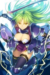 Rule 34 | 1girl, armor, breasts, faulds, green hair, holding, holding sword, holding weapon, large breasts, long hair, official art, parted bangs, parted lips, pauldrons, purple thighhighs, reverse grip, sangoku romance, shoulder armor, smile, solo, sword, thighhighs, tsurime, weapon, yangsion, yellow eyes