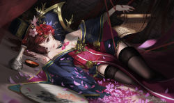 Rule 34 | 1girl, bare shoulders, between legs, black thighhighs, breasts, chinese clothes, choker, cup, einess, flower, garter straps, hair flower, hair ornament, hand fan, highres, long hair, long sleeves, looking at viewer, lying, medium breasts, no bra, off shoulder, on side, original, red eyes, red hair, sakazuki, scroll, solo, thighhighs