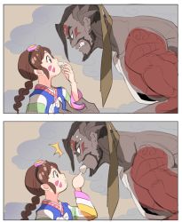Rule 34 | 1boy, 1girl, 2koma, :t, ^^^, alternate costume, alternate hairstyle, bad id, bad twitter id, baozi, braid, comic, d.va (overwatch), dark persona, demon hanzo, eating, facial mark, food, food in mouth, from side, hanzo (overwatch), height difference, jocheong, korean clothes, muscular, no pupils, official alternate costume, overwatch, overwatch 1, palanquin d.va, silent comic, single braid, tattoo, whisker markings