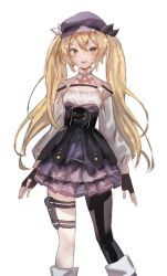 Rule 34 | 1girl, black gloves, black ribbon, blonde hair, blue hat, breasts, choker, cleavage, cropped jacket, detached collar, dokibird (vtuber), dress, fingerless gloves, gloves, green eyes, grey jacket, hair ribbon, hat, highres, indie virtual youtuber, jacket, layered dress, long hair, long sleeves, looking at viewer, okayjennie, open mouth, ribbon, round teeth, smile, solo, sparkle, star (symbol), star choker, teeth, twintails, upper teeth only, virtual youtuber, white background, white ribbon