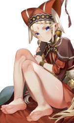 Rule 34 | 1girl, absurdres, barefoot, blonde hair, braid, cape, cop craft: dragnet mirage reloaded, facial mark, feet, female focus, forehead mark, highres, holding, holding sword, holding weapon, jewelry, knees up, legs, long hair, looking at viewer, pointy ears, red headwear, sheath, sheathed, simple background, sitting, soles, solo, sword, tassel, thighs, tilarna exedilika, toes, user yzzn3747, weapon, white background