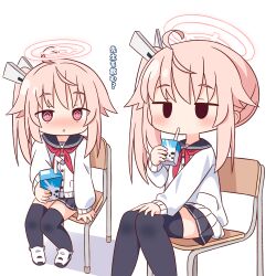 Rule 34 | 2girls, @ @, ahoge, black sailor collar, black skirt, black thighhighs, blue archive, blush, buttons, cardigan, chair, drinking, drinking straw, drinking straw in mouth, dual persona, halo, hana kazari, highres, long hair, long sleeves, md5 mismatch, multiple girls, natsu (blue archive), neckerchief, parted lips, pink hair, pink halo, pleated skirt, red eyes, red neckerchief, sailor collar, school chair, shoes, side ponytail, simple background, sitting, skirt, thighhighs, translation request, white background, white cardigan, white footwear