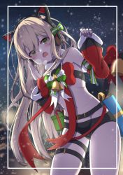 Rule 34 | 1girl, animal ear headphones, animal ears, bell, belt, black shorts, blonde hair, blurry, blurry background, blush, bow, bowtie, box, cat ear headphones, cat tail, christmas, cowboy shot, detached sleeves, fake animal ears, fur-trimmed sleeves, fur trim, gift, gift box, girls&#039; frontline, green eyes, hayarob, headphones, highres, long hair, looking at viewer, night, official alternate costume, open mouth, red bow, short shorts, shorts, snowing, solo, stomach, tail, tail bell, tail bow, tail ornament, thigh strap, tmp (girls&#039; frontline), tmp (red-eared cat) (girls&#039; frontline)