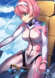 Rule 34 | 1girl, bodysuit, breasts, brown eyes, cloud, cockpit, covered navel, day, driving, eyebrows hidden by hair, formal, gloves, hairband, head down, indoors, large breasts, looking to the side, mecha, medium breasts, nervous, open mouth, original, pilot suit, piloting, pink bodysuit, pink hair, pink theme, robot, science fiction, short hair, sitting, skin tight, sky, solo, spacecraft, spacecraft interior, starfighter, suit, sweat, uchiu kazuma, white hairband