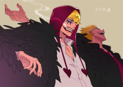 Rule 34 | 2boys, :d, arm up, black shirt, blonde hair, brothers, cigarette, coat, donquixote doflamingo, donquixote rocinante, from side, fur coat, hand up, long sleeves, makeup, male focus, multiple boys, necktie, nno (nocturnal blue), one piece, open mouth, red headwear, red hood, shirt, siblings, simple background, smile, smoking, white shirt
