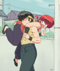 Rule 34 | 1boy, 1girl, ass grab, baggy pants, black hair, blue eyes, blush, braid, bulge, carrying, carrying over shoulder, carrying person, chinese clothes, commentary request, empty eyes, erection, erection under clothes, expressionless, fireman&#039;s carry, flats, genderswap, genderswap (mtf), headband, hibiki ryouga, highres, holding another&#039;s wrist, mage (harumagedon), muscular, pants, ranma-chan, ranma 1/2, red hair, saotome ranma, short braid, single braid, tangzhuang, wristband, you gonna get raped