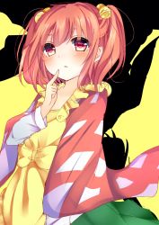 Rule 34 | 1girl, apron, bad id, bad twitter id, bell, blush, brown eyes, finger to mouth, hair bell, hair ornament, highres, japanese clothes, karasusou nano, kimono, long sleeves, looking at viewer, motoori kosuzu, orange hair, parted lips, short hair, solo, touhou, twintails, yellow apron