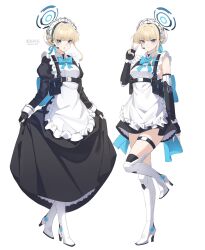 Rule 34 | akanora, aqua bow, aqua bowtie, blue archive, blue hairband, blue halo, boots, bow, bowtie, commentary, earpiece, hairband, halo, high heels, highres, knee boots, looking at viewer, maid, maid headdress, toki (blue archive), white footwear, white wrist cuffs, wrist cuffs