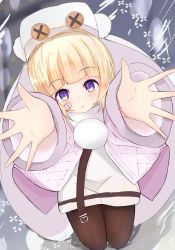 Rule 34 | 1girl, arms up, azur lane, bandaid, bandaid on cheek, bandaid on face, black pantyhose, blonde hair, blush, coat, floral print, fur trim, gloves, gradient background, graphite (medium), grozny (azur lane), hair ornament, hat, highres, jacket, long hair, long sleeves, looking at viewer, looking up, mechanical pencil, open mouth, pantyhose, pencil, pom pom (clothes), purple eyes, short hair, sitting, solo, traditional media, wata (wataame), white coat, white hat, winter clothes