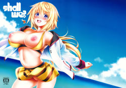 Rule 34 | 10s, 1girl, beach, bikini, blonde hair, blush, breasts, charlotte dunois, cloud, cover, cover page, day, highres, infinite stratos, jewelry, large breasts, long hair, necklace, nipples, ocean, open mouth, orange bikini, outdoors, outstretched arms, purple eyes, sky, smile, solo, swimsuit, water, yasui riosuke