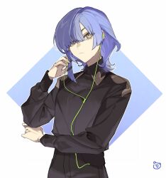Rule 34 | 1girl, black shirt, blue hair, bocchi the rock!, closed mouth, collared shirt, earphones, hair ornament, hair over one eye, highres, holding, holding earphones, jacket, long sleeves, looking at viewer, mole, mole under eye, shirt, short hair, simple background, single earphone removed, solo, ukusaaaa, upper body, white background, yamada ryo, yellow eyes