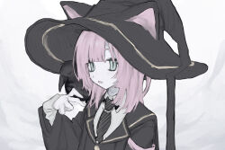 Rule 34 | 1girl, am314, animal, animal ears, animal on shoulder, bird, bird on shoulder, black jacket, black necktie, buttons, cat ears, cat girl, collared shirt, colored skin, crow, dot nose, ears through headwear, from side, green eyes, hat, highres, jacket, long bangs, long hair, long sleeves, looking at viewer, necktie, open mouth, original, pink hair, shirt, sidelocks, simple background, slit pupils, solo, upper body, white background, white shirt, white skin, witch, witch hat