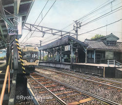 Rule 34 | antennae, artist name, colored pencil (medium), commentary, hayashi ryouta, no humans, original, outdoors, power lines, railing, railroad tracks, real world location, scenery, sign, sky, stairs, traditional media, train, train station, train station platform, tree, utility pole
