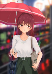 Rule 34 | 1girl, bag, blurry, blurry background, breasts, brown hair, closed umbrella, day, food, green skirt, highres, holding, holding umbrella, jewelry, kantai collection, long hair, medium breasts, ochikata kage, official alternate costume, ooi (kancolle), open mouth, outdoors, rain, ring, shirt, shoulder bag, skirt, solo, spring onion, umbrella, vegetable, white shirt