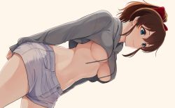 Rule 34 | 1girl, blue eyes, breasts, brown hair, cropped hoodie, dutch angle, grey hoodie, highres, hood, hoodie, idolmaster, idolmaster million live!, idolmaster million live! theater days, kamille (vcx68), large breasts, navel, ponytail, satake minako, short shorts, shorts, sidelocks, simple background, solo, stomach, underboob, white background