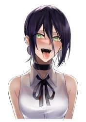 Rule 34 | 1girl, absurdres, black choker, blush, breasts, chainsaw man, choker, cropped torso, green eyes, highres, looking at viewer, medium breasts, medium hair, neck ribbon, open mouth, purple hair, purple ribbon, reze (chainsaw man), ribbon, shirt, smile, solo, suprii, teeth, throat, tongue, tongue out, upper body, upper teeth only, white background, white shirt