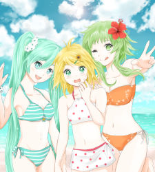 Rule 34 | 3girls, :d, ;q, aqua eyes, aqua hair, asaki (bluemoonstone), bandeau, bare shoulders, beach, bikini, blonde hair, blue sky, breasts, cleavage, cloud, collarbone, commentary request, day, floral print, flower, green eyes, green hair, gumi, hair flower, hair ornament, hand to own mouth, hatsune miku, hibiscus, highres, kagamine rin, kneeling, lens flare, long hair, medium breasts, midriff, multiple girls, navel, ocean, one eye closed, open mouth, outdoors, polka dot, polka dot swimsuit, shore, side-tie bikini bottom, side-tie bottom, sky, small breasts, smile, strapless, string bikini, striped bikini, striped clothes, swimsuit, tongue, tongue out, tube top, twintails, v, very long hair, vocaloid